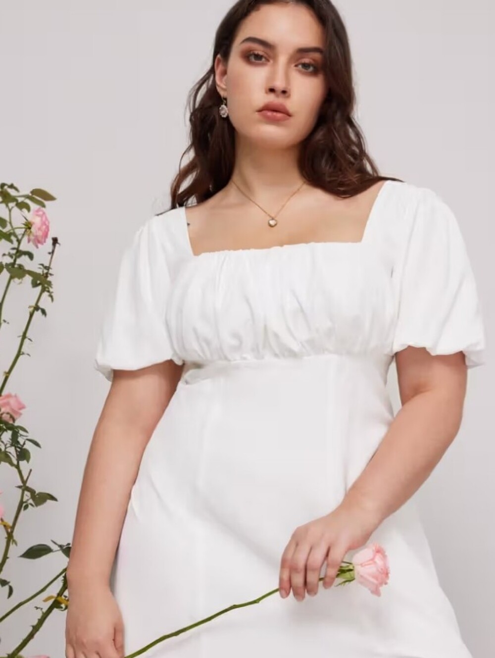 Cider White Square-Neck Midi Dress with Puff Sleeves